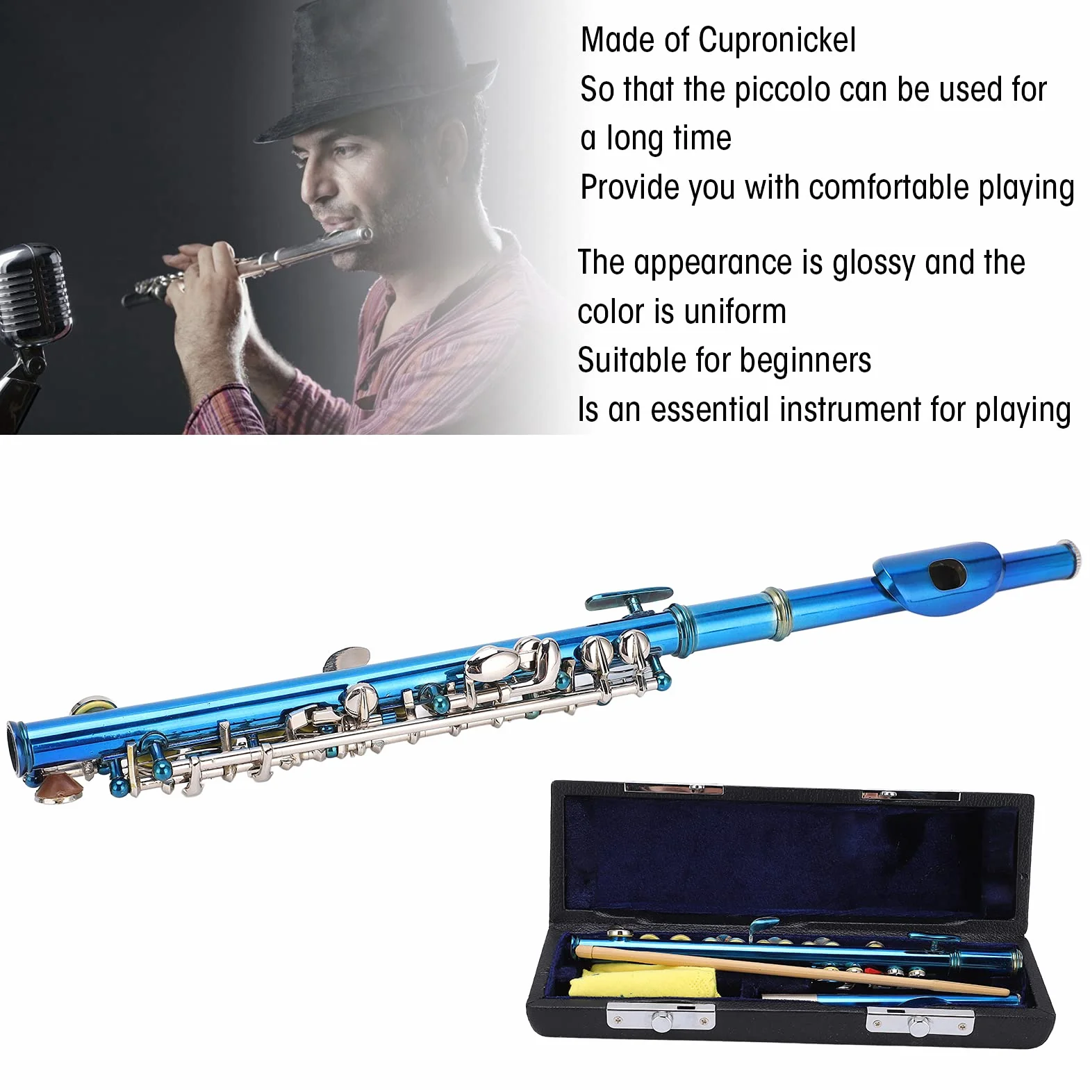 Piccoloflöte Top Sound 6 Loch Piccoloflöte Blau mit Clean Bar Leder Black Box für Anfänger