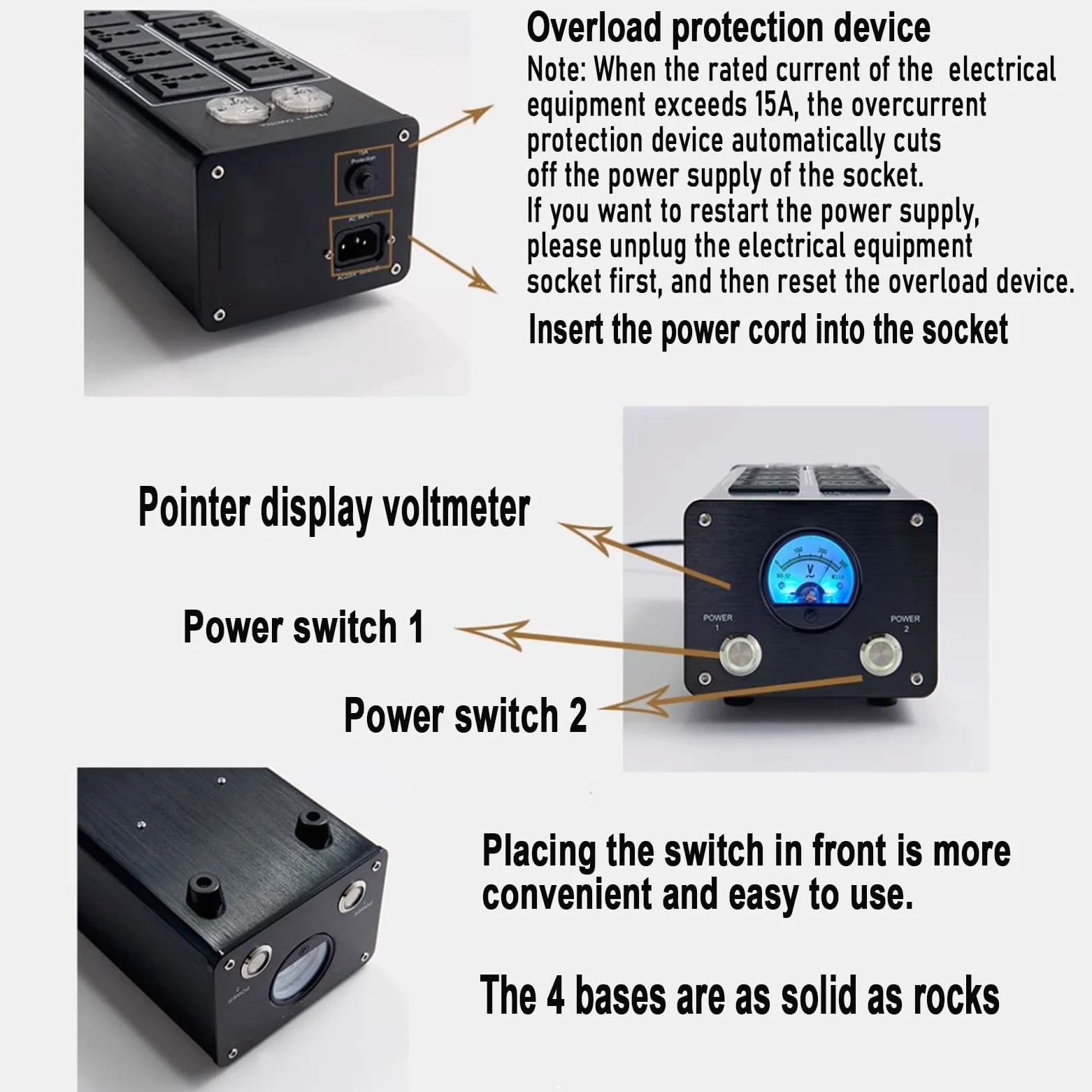 AC Power Conditioner mit Display, 8 Ausgänge, Überspannungsschutz für Audiogeräte, TV und Elektronik