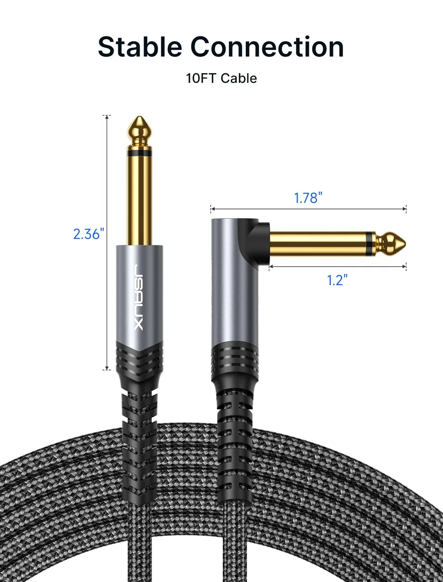 JSAUX 6.35mm Gitarrenkabel 6M, Instrumentenkabel Kompatibel mit E Gitarre, Bass, Schlagzeug, Pedale, Verstärker, Mischpulte, Tuner, Lautsprecher, Akustik, Rechtwinkliges Klinkenkabel Gitarre