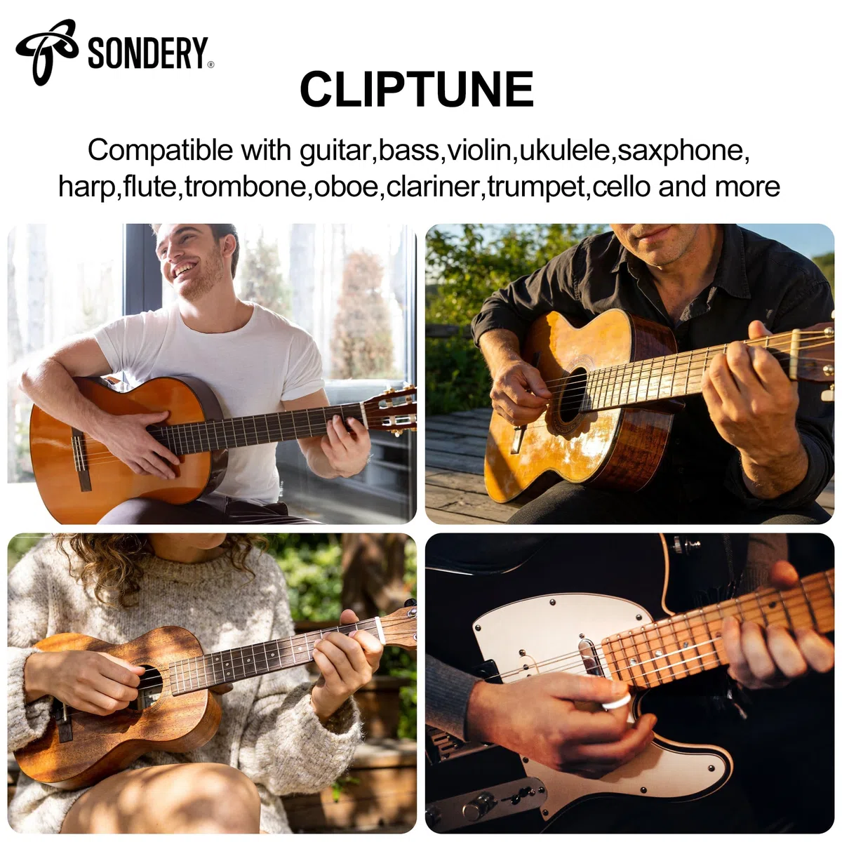Sondery Clip-On Stimmgerät TFT Bildschirm Wiederaufladbar für Gitarre Ukulele Violine Bass alle Instrumente, Chromatisch 410-460Hz Kalibrierung, Gut lesbar bei starkem Licht