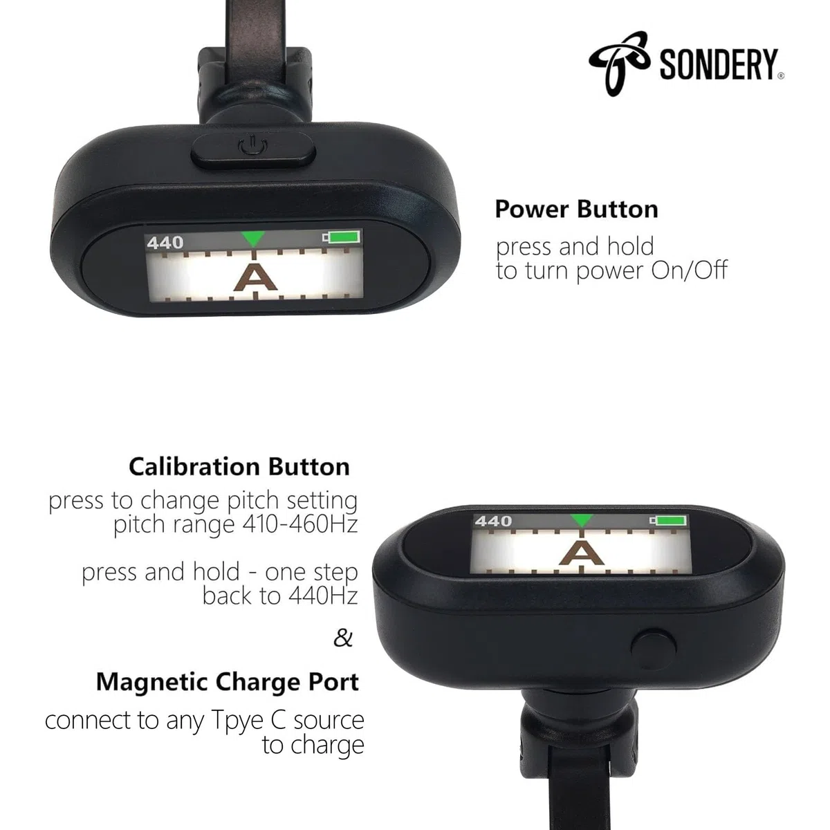 Sondery Clip-On Stimmgerät TFT Bildschirm Wiederaufladbar für Gitarre Ukulele Violine Bass alle Instrumente, Chromatisch 410-460Hz Kalibrierung, Gut lesbar bei starkem Licht