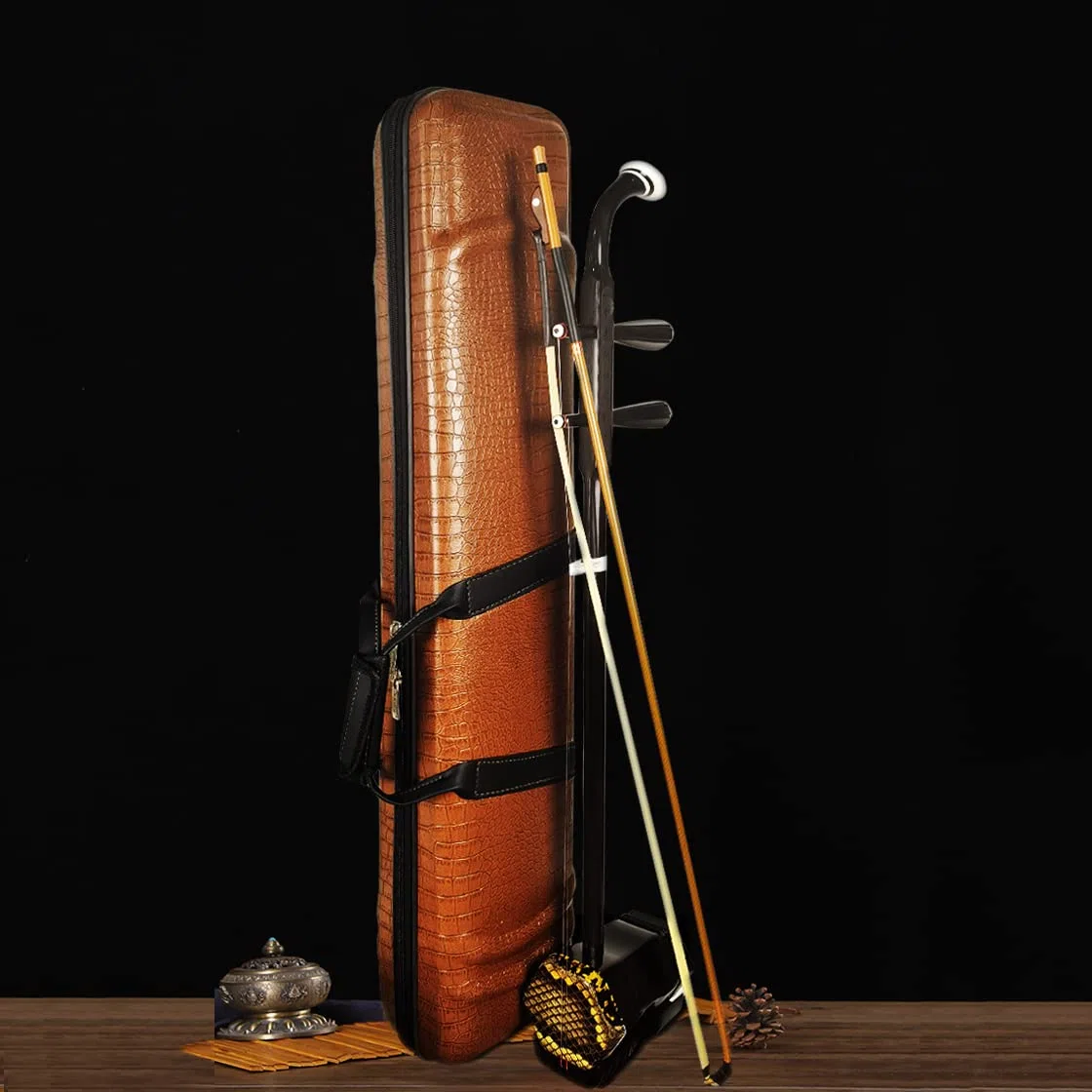 Profi Ebony Erhu, 2-saitige chinesische Violine Geige mit NICOSHINE Erhu Bogen, 10-Gitter Trommelhaut, inklusive Lern-DVD, Kolophonium, Reinigungstuch, Brücke, und Hartschalenkoffer