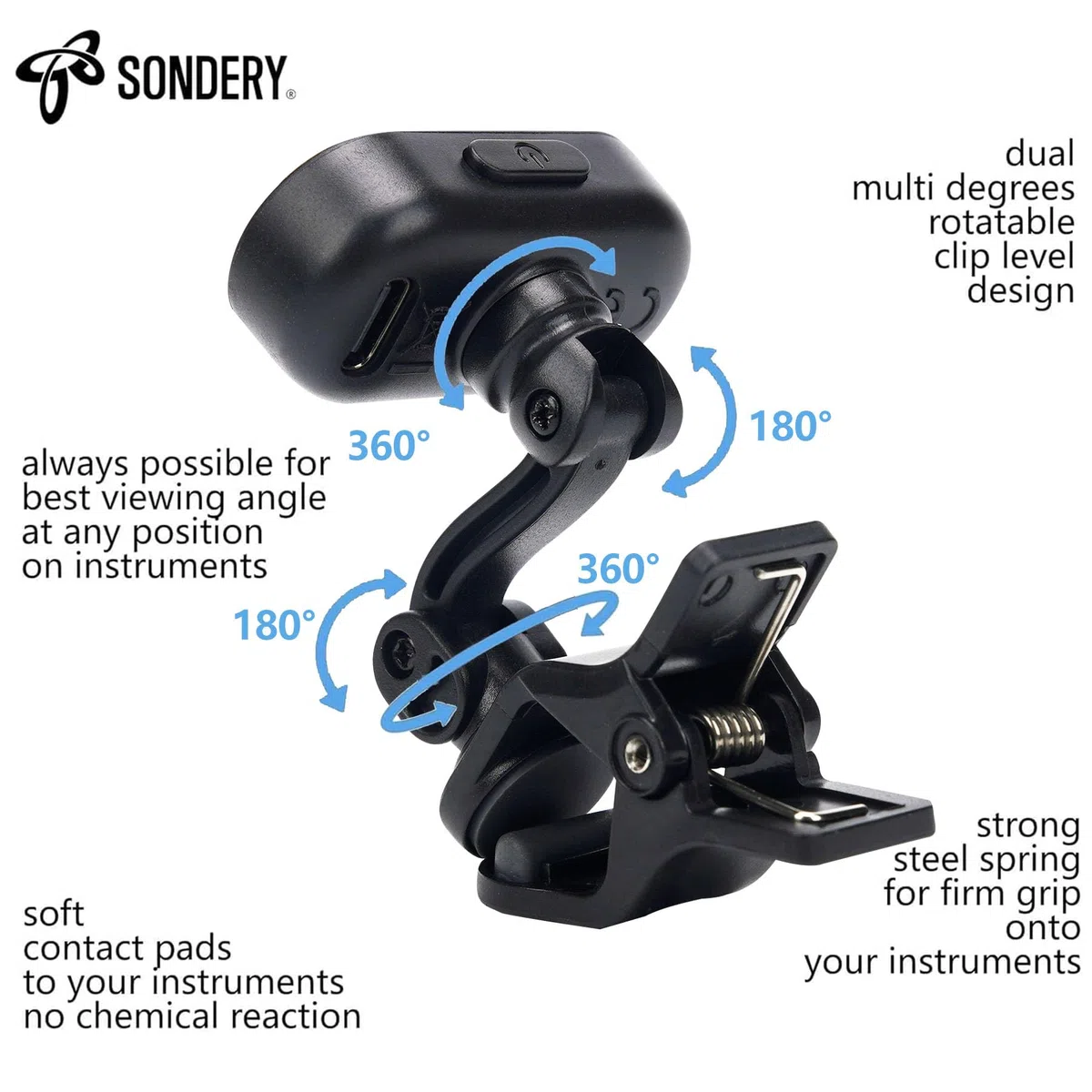 Sondery Clip-On Stimmgerät TFT Bildschirm Wiederaufladbar für Gitarre Ukulele Violine Bass alle Instrumente, Chromatisch 410-460Hz Kalibrierung, Gut lesbar bei starkem Licht