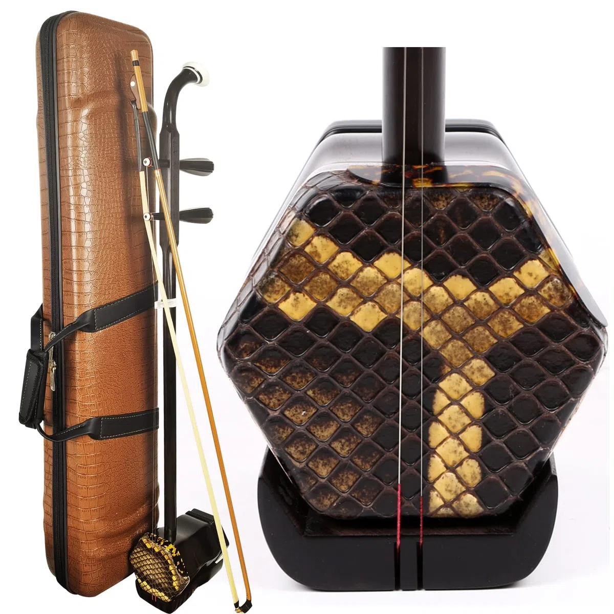 Profi Ebony Erhu, 2-saitige chinesische Violine Geige mit NICOSHINE Erhu Bogen, 10-Gitter Trommelhaut, inklusive Lern-DVD, Kolophonium, Reinigungstuch, Brücke, und Hartschalenkoffer