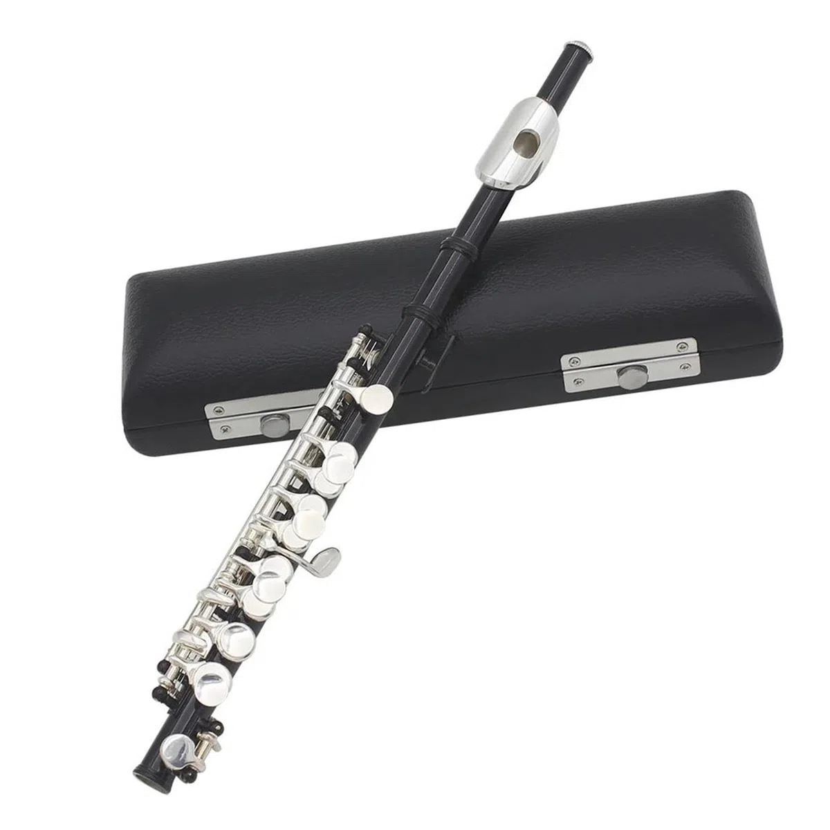 flöte Blaue Piccolo-Flöte mit 16 Löchern und E-Taste, Holzbläser, halbgroße Flöte, Weißmessing mit Box-Instrumententeilen (Color : BK)