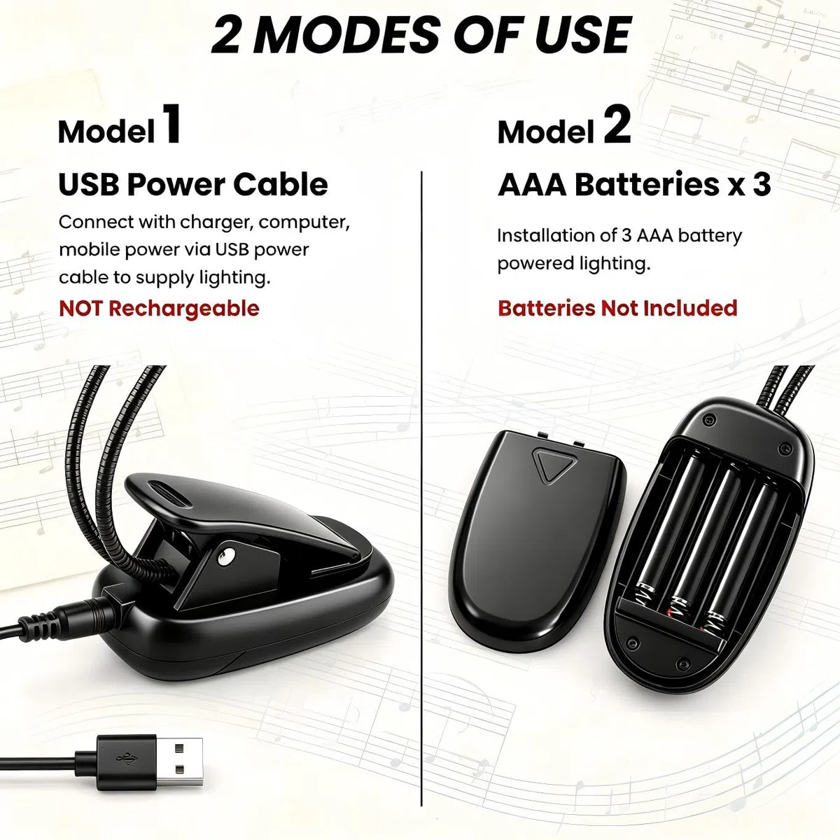 Notenständer-Lichter zum Anklippen, Doppelarm-USB und AAA-Batterie